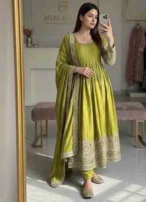 parrot green color heavy cording embroidery dori and sequin work silk blend gown set 2