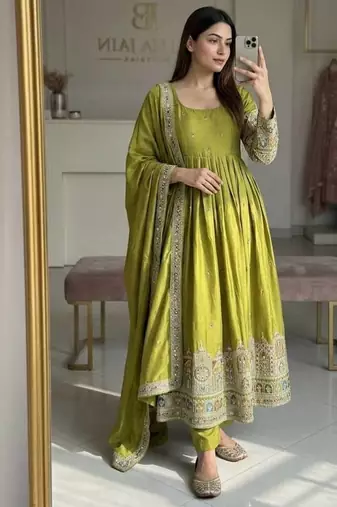 parrot green color heavy cording embroidery dori and sequin work silk blend gown set
