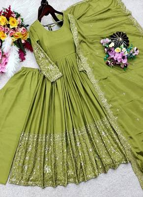 parrot green heavy cording embroidery dori and sequin work silk blend gown set 3
