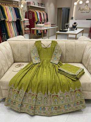 parrot green color heavy cording embroidery dori and sequin work silk blend gown set 3