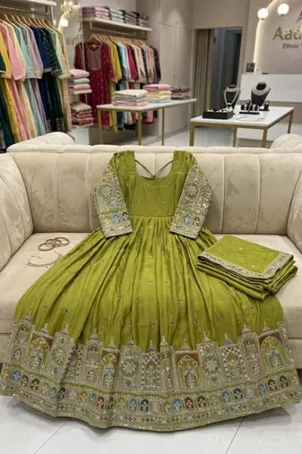 parrot green color heavy cording embroidery dori and sequin work silk blend gown set