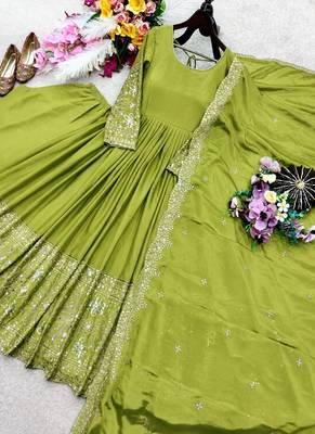 parrot green heavy cording embroidery dori and sequin work silk blend gown set 4