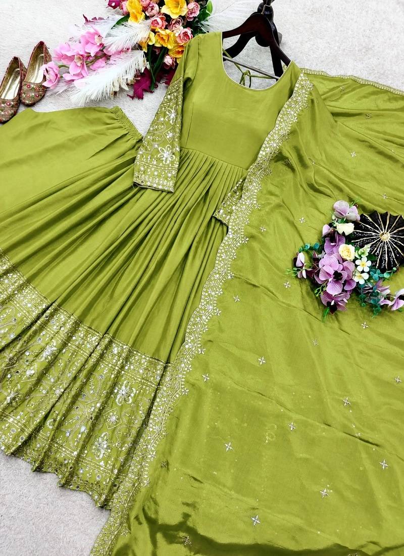 parrot green heavy cording embroidery dori and sequin work silk blend gown set