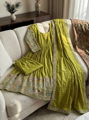parrot green color heavy cording embroidery dori and sequin work silk blend gown set 4