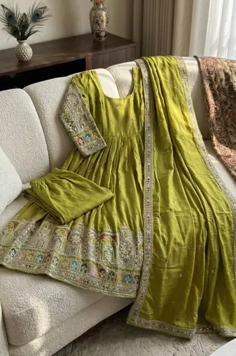 parrot green color heavy cording embroidery dori and sequin work silk blend gown set
