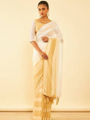 Beige striped pure chiffon saree 1