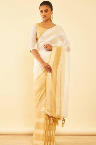 Beige striped pure chiffon saree