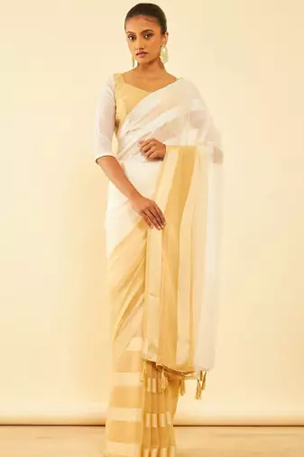 Beige striped pure chiffon saree