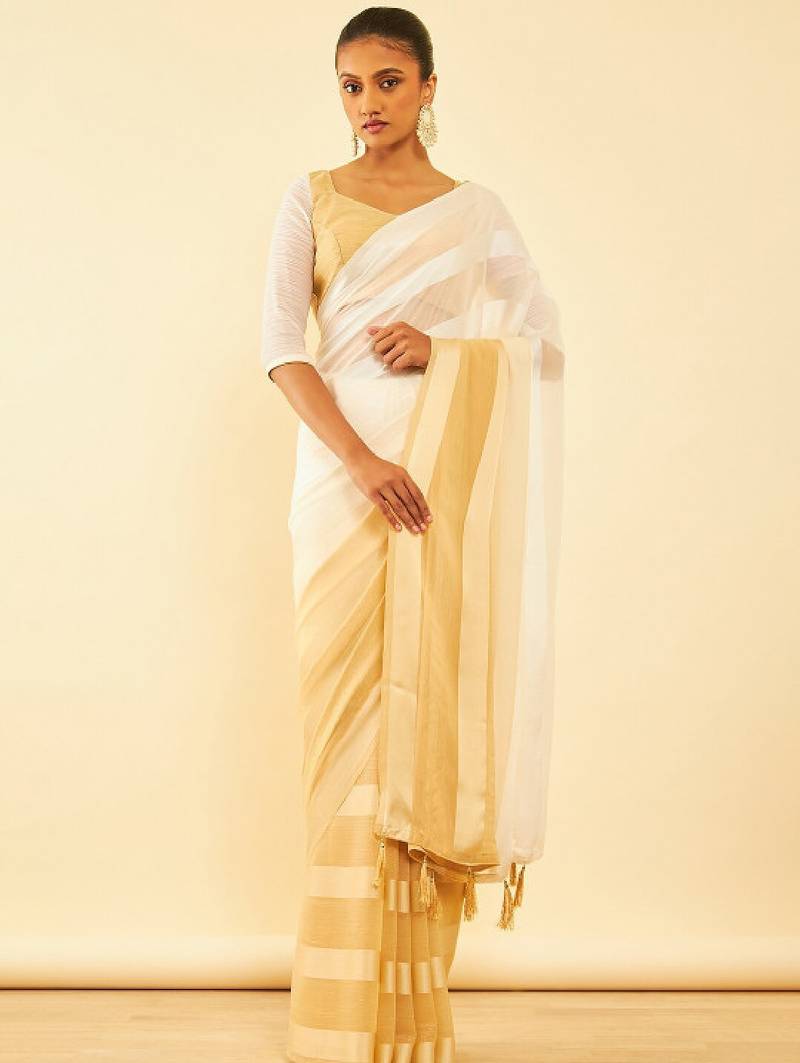 Beige striped pure chiffon saree