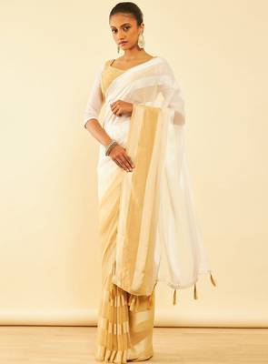 Beige striped pure chiffon saree 2