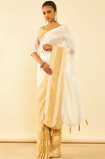 Beige striped pure chiffon saree