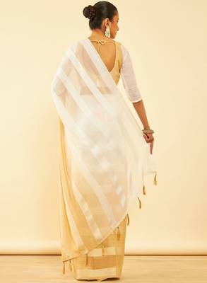 Beige striped pure chiffon saree 3