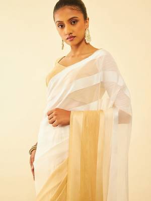 Beige striped pure chiffon saree 4