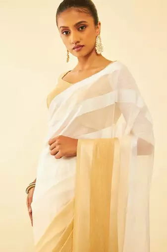Beige striped pure chiffon saree