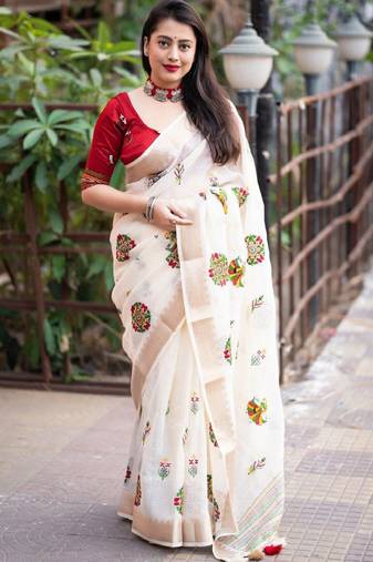 White floral embroidered zari linen saree