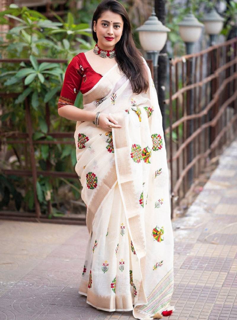 White floral embroidered zari linen saree