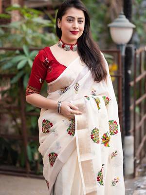 White floral embroidered zari linen saree 2