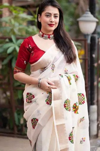 White floral embroidered zari linen saree