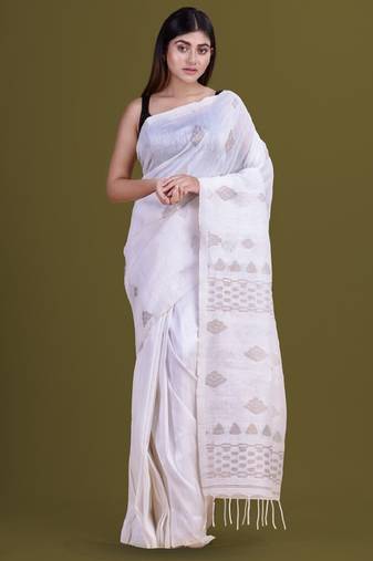 Ethnic motifs woven design pure linen saree