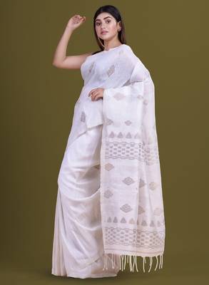 Ethnic motifs woven design pure linen saree 2