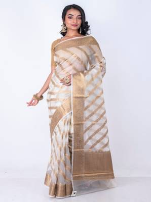Striped woven design zari organza banarasi saree 1