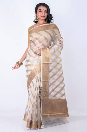 Striped woven design zari organza banarasi saree