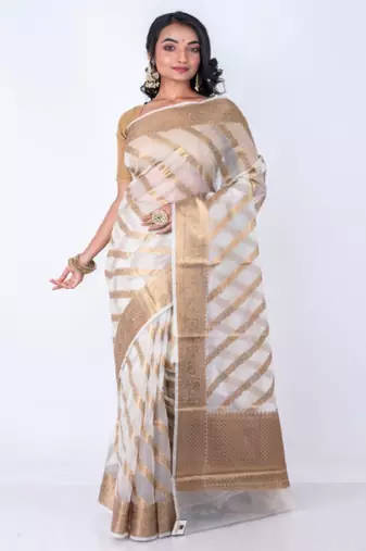 Striped woven design zari organza banarasi saree