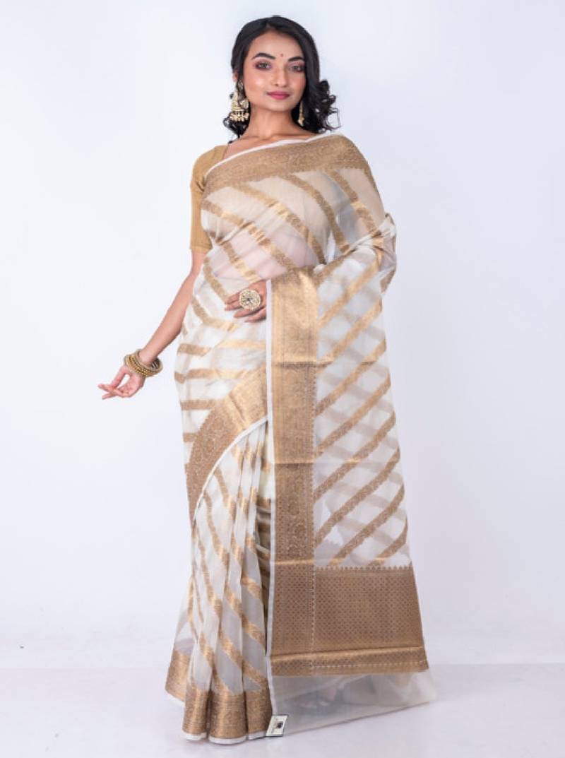 Striped woven design zari organza banarasi saree