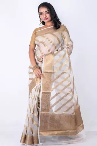Striped woven design zari organza banarasi saree