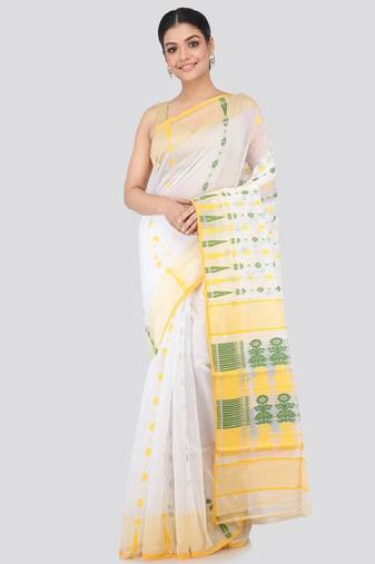 White & yellow woven design silk cotton jamdani sustainable saree
