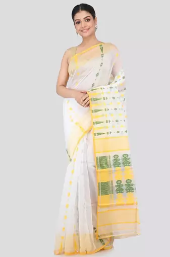 White & yellow woven design silk cotton jamdani sustainable saree