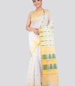 White & yellow woven design silk cotton jamdani sustainable saree