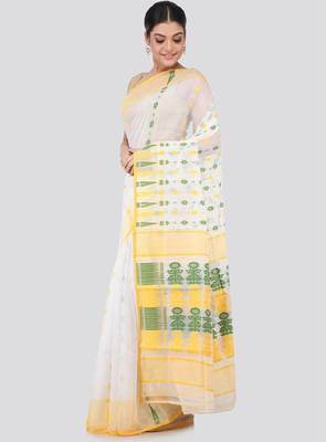 White & yellow woven design silk cotton jamdani sustainable saree 2