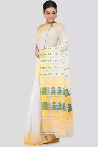 White & yellow woven design silk cotton jamdani sustainable saree