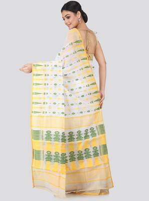 White & yellow woven design silk cotton jamdani sustainable saree 3