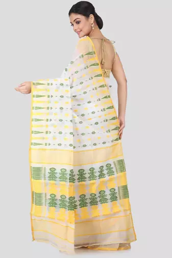 White & yellow woven design silk cotton jamdani sustainable saree