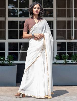 White & gold-toned zari pure cotton solid saree 1