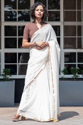 White & gold-toned zari pure cotton solid saree