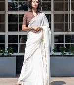 White & gold-toned zari pure cotton solid saree