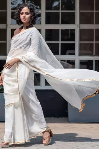 White & gold-toned zari pure cotton solid saree