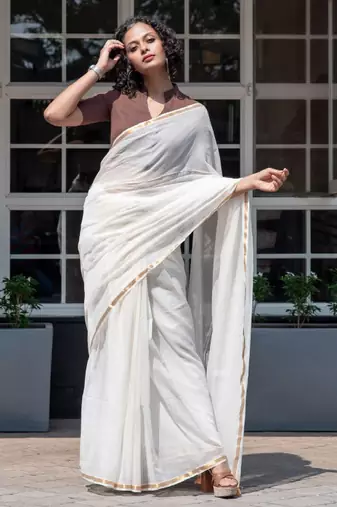 White & gold-toned zari pure cotton solid saree