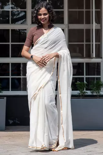 White & gold-toned zari pure cotton solid saree