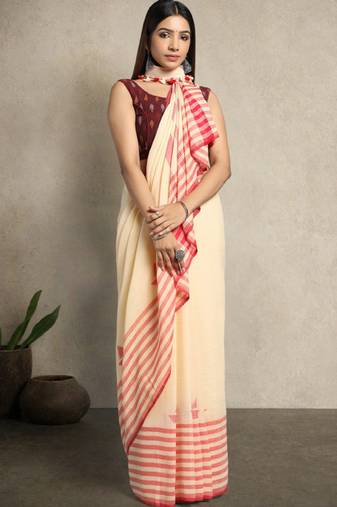 Cream-coloured & red woven design pure cotton jamdani saree