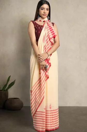 Cream-coloured & red woven design pure cotton jamdani saree