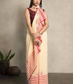 Cream-coloured & red woven design pure cotton jamdani saree