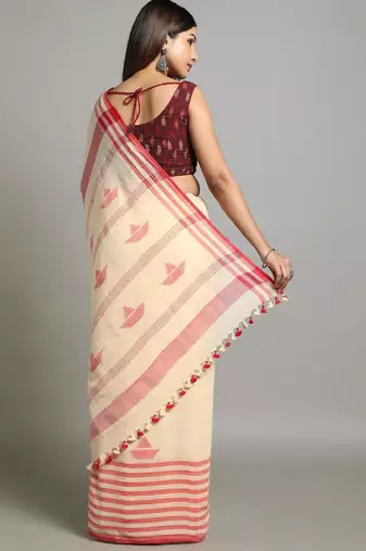 Cream-coloured & red woven design pure cotton jamdani saree