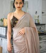 Beige solid cotton blend saree