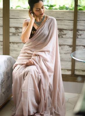 Beige solid cotton blend saree 2