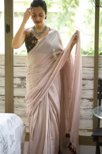 Beige solid cotton blend saree