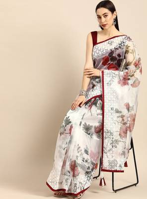 White & maroon organza printed mysore silk saree 1